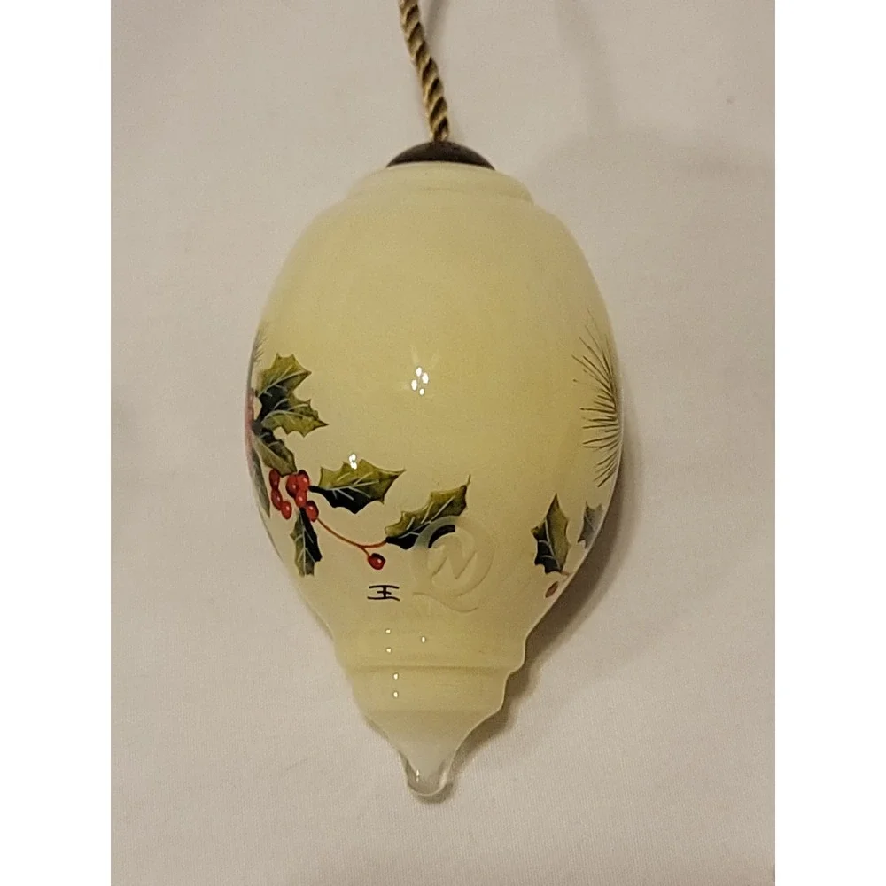Ne'Qwa Art Hand Blown Glass Reverse Painted Cardinal, Holly, Pine Cones Ornament